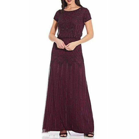 $199 Adrianna Papell Cassis Purple Beaded Blouson Short Sleeve Gown 2 NEW - Picture 1 of 9